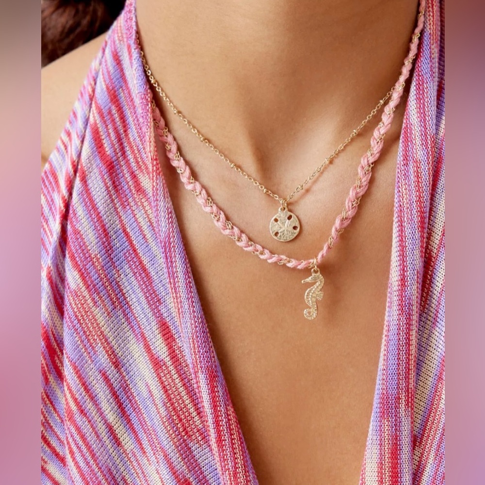 Dylan Shell Pink Charm Layering Gold Seahorse + Starfish Necklace